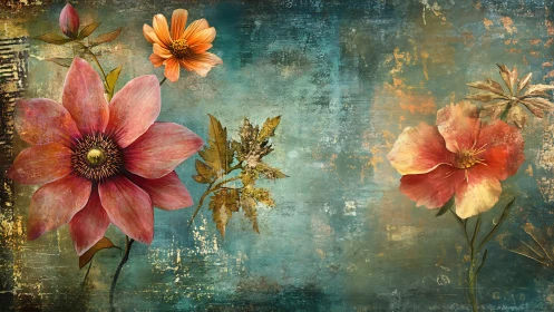 Vintage Botanical Study with Distressed Gold Patina.