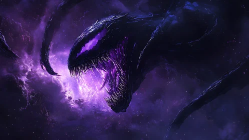 Cosmic void serpent emerging from radiant purple nebula maw