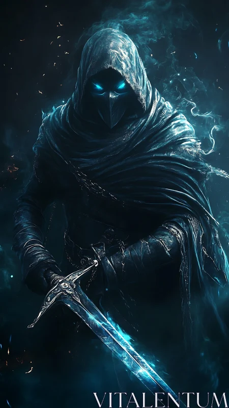 Hooded wraith warrior holds glowing frostforged sword
