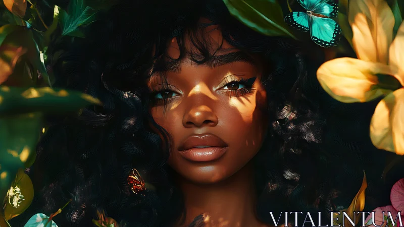 Digital portrait of woman framed by foliage and butterflies.