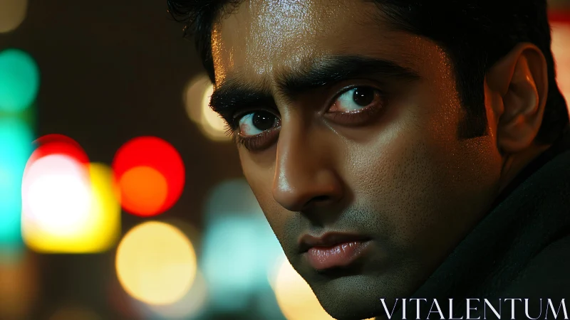 Intense male portrait with city night bokeh lights.