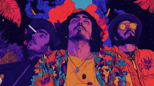 Psychedelic pop art portrait triptych with neon tropical patterns.