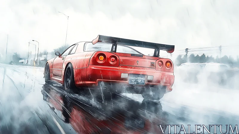 Rear-biased dynamic study of red sports coupe on wet reflective asphalt