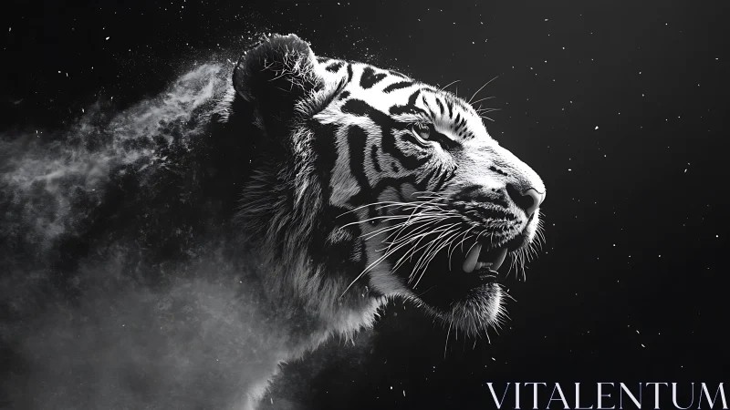 Stormlit tiger roaring into the dark night sky.