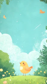 Cheerful yellow bird under soft turquoise summer sky.