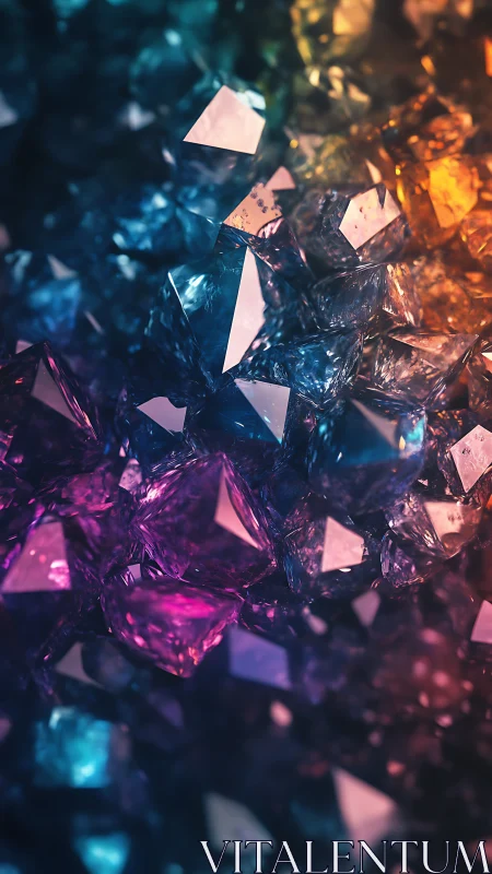 3D prismatic crystal cluster with neon gradient illumination.