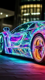 Neon spectral supercar with reflective chromatic bodywork at night.
