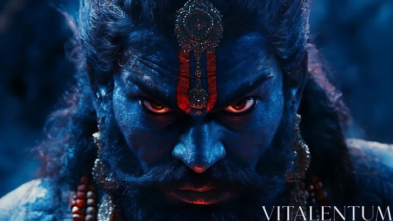 Intense blue warrior saint stares through mystical red glow