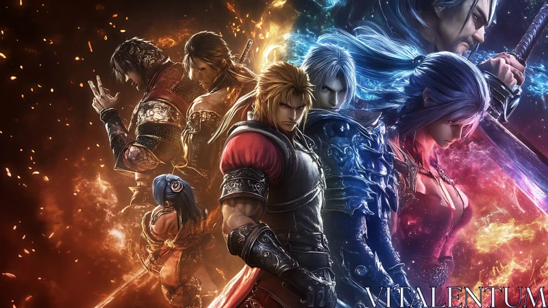 Fantasy warriors split by fire and ice in dramatic standoff.