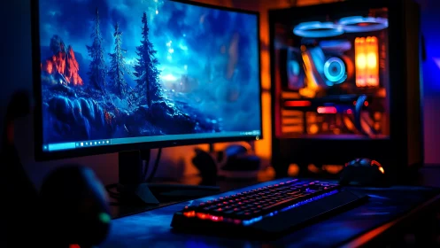 RGB gaming workstation glows with ultra wide display