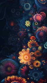 Dreamlit garden of glowing blooms in a midnight tide.