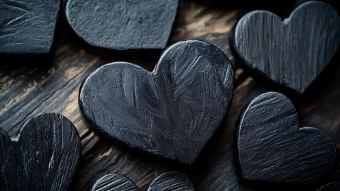 Carved wooden heart forms with weathered texture detail on dark rustic surface