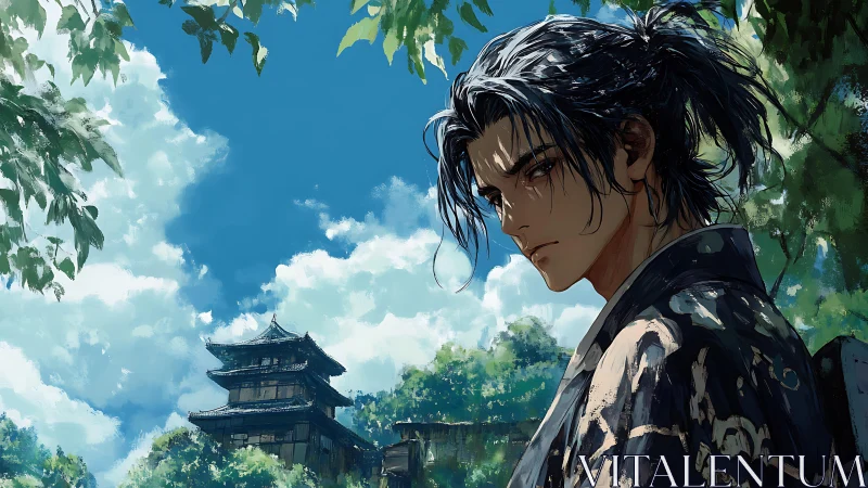 Samurai wanderer studies summer sky above forest temple.