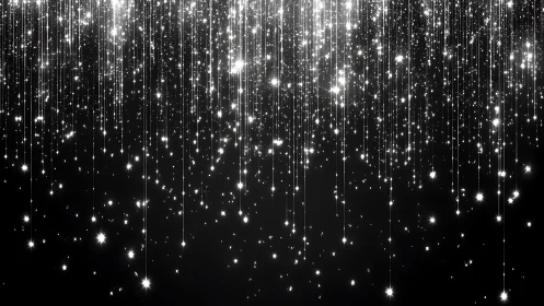Silver starfall streaks descend over deep black void