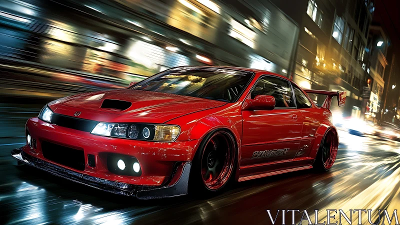 Scarlet street racer slicing neon rain at midnight speed.