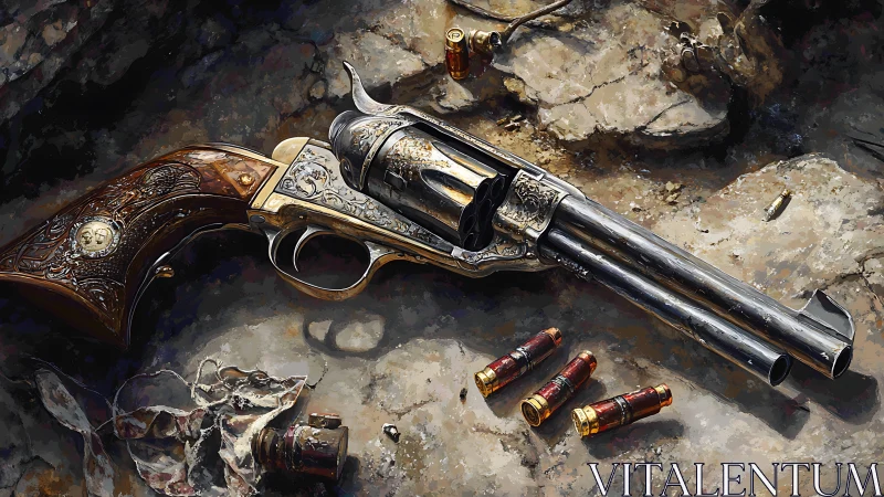 Engraved revolver still life on rocky ground, digital painting.