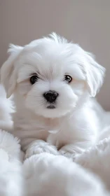 Close-up portrait of fluffy white puppy on soft blanket.