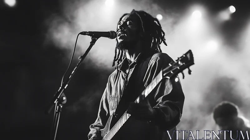 Black and white stage photograph of guitarist at microphone.