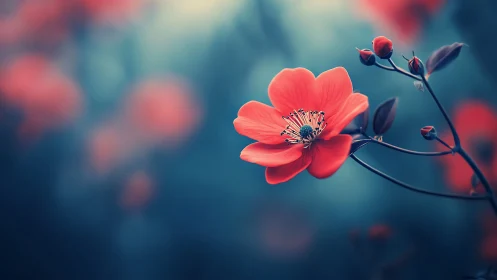 Coral Blossom Against Teal Bokeh.