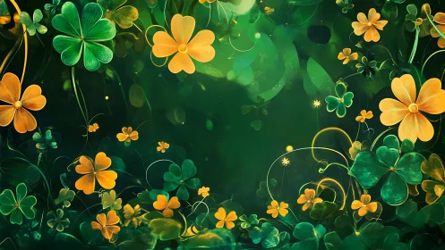 Green clover and yellow flower pattern on dark background.