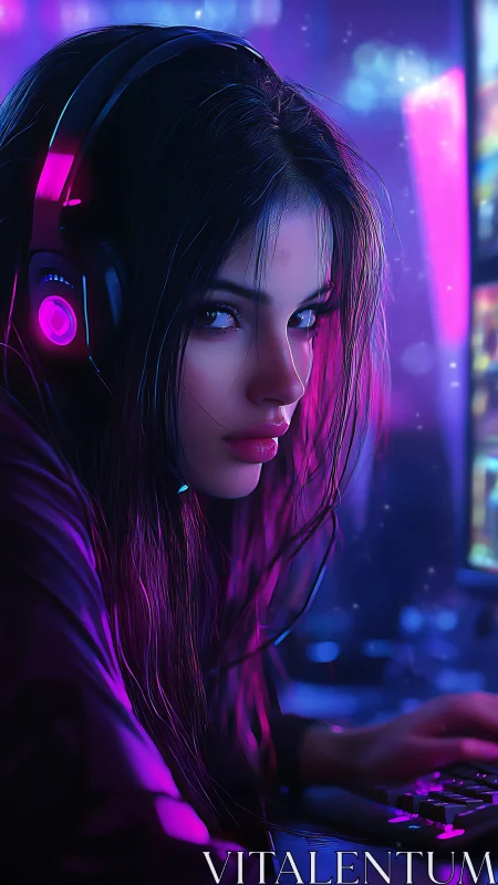 Cyberpunk gamer girl in neon-lit setup with RGB headset