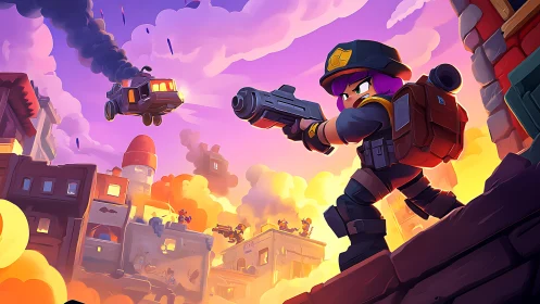 Cartoon soldier on rooftop in stylized urban battle scene.