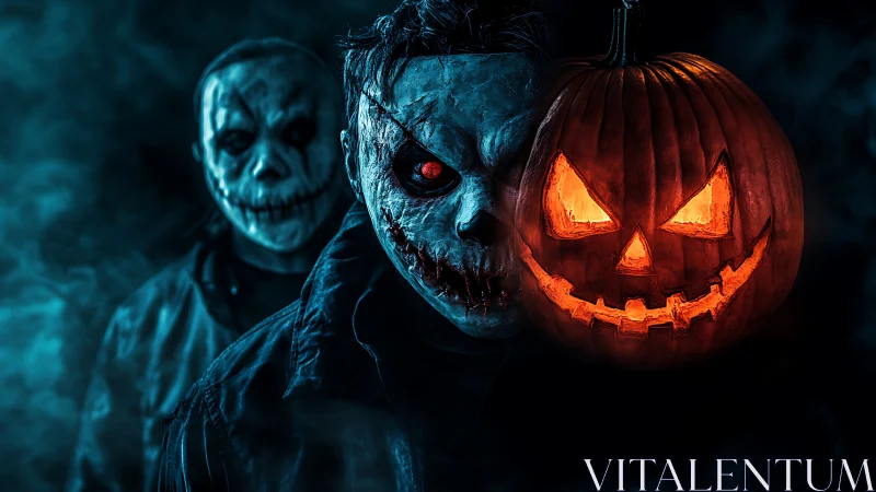 Cinematic horror portrait with Jack-o&rsquo;-Lantern illumination.