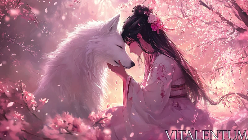 Girl with white wolf in pink cherry blossom landscape at dusk.