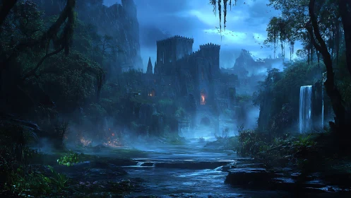 Ancient fortress rises over misty river in eerie moonlit blue