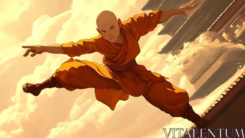 Martial monk launches into a soaring rooftop leap at dusk.