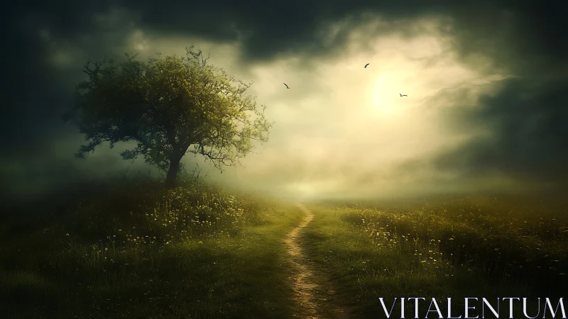 Lone tree stands over misty path beneath ethereal light.