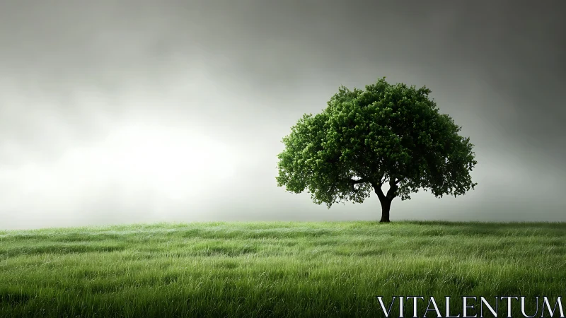 Solitary Green Tree in Lush Meadow Under Dramatic Cloudy Sky.