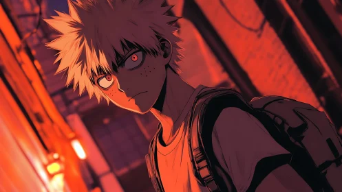 Spiky haired teen walks tense through red lit city alley