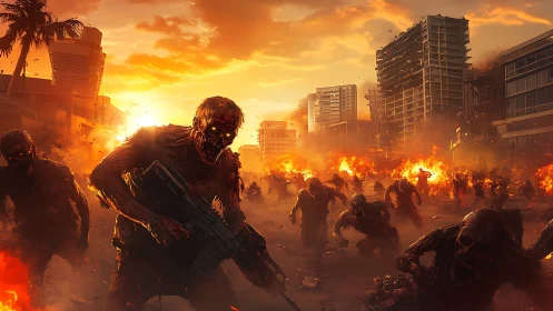 Sunset siege of the burning city streets, zombies advancing.