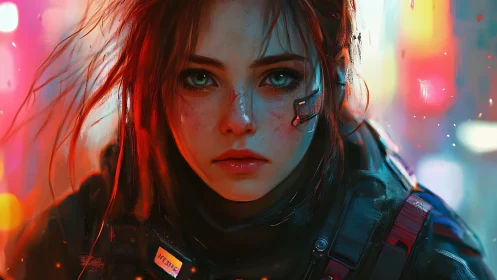 Tender cyberpunk heroine framed by neon city glow.