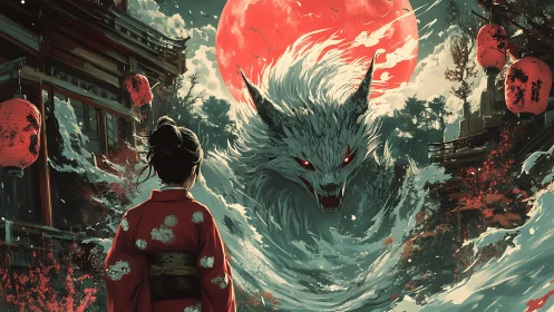 Lunar yokai convergence with crimson moonlit shrine waters.