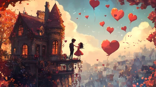 Romantic couple embrace on Victorian tower amid floating heart balloons.