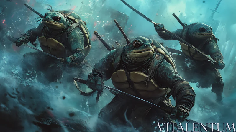 Turtle warriors charging through misty blue battlefields.