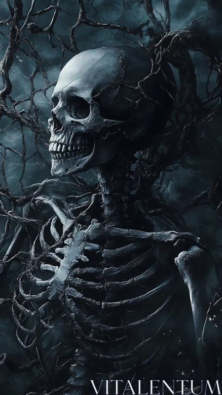 Human skeleton entwined with dark organic tendrils at night.