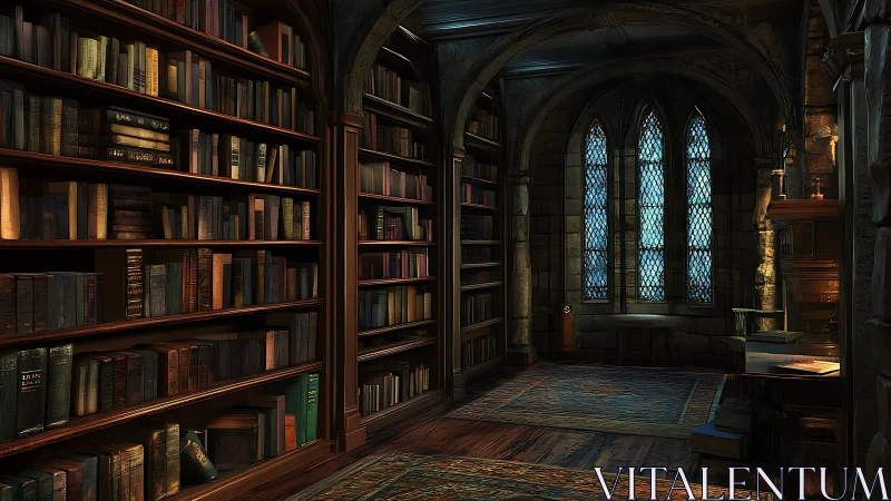 Old stone library interior with tall shelves and arched windows.