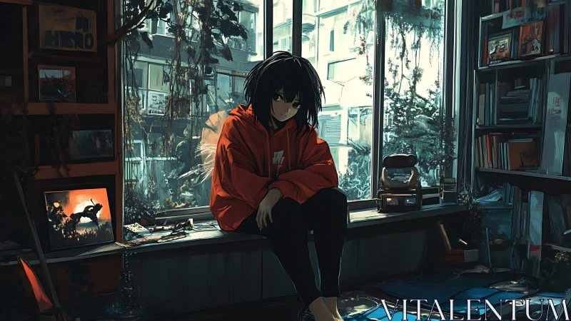 Solitary figure on windowsill in book-filled interior room.