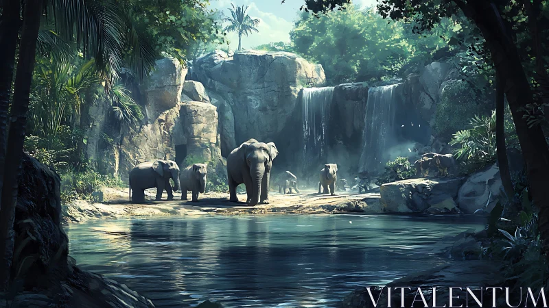Elephant herd by jungle waterfall in luminous digital oasis.