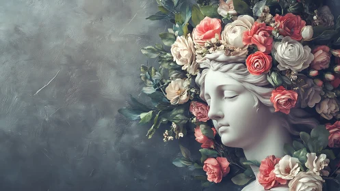 Neoclassical marble bust entwined with hyperreal botanical wreath.