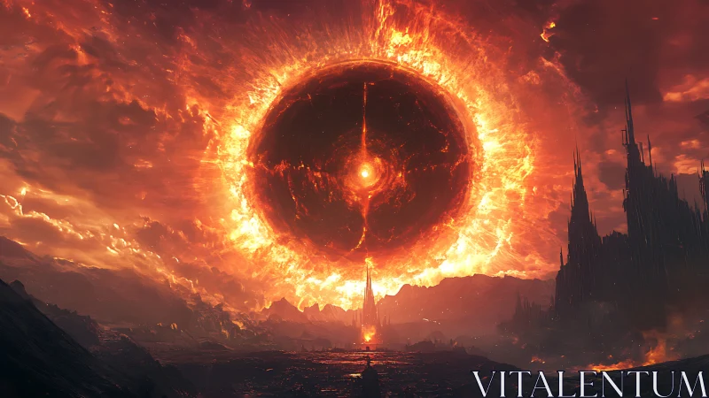 Molten sky sphere above dark volcanic terrain at dusk.