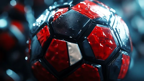 3D macro render of wet red hexagonal-panel tech football.