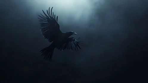 A Graceful Raven Soars Through Misty Twilight Skies