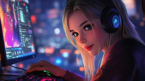 Blonde gamer with headset focuses on RGB lit desktop setup