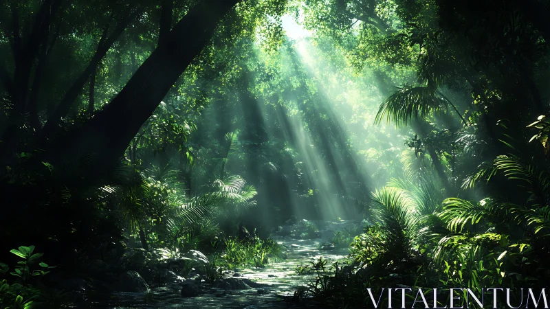 Sunlit Forest Stream: Where Nature Whispers Peace.