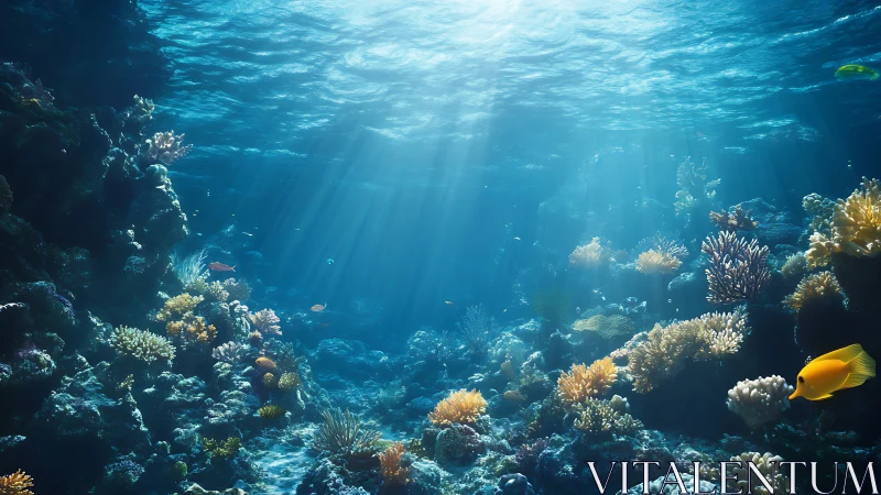 Sunlit coral reef ecosystem rendered in high-detail realism