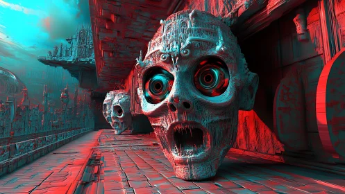 Cybernetic skull monoliths in red cyan anaglyph corridor